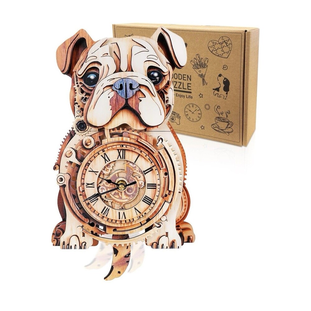 3D Wooden Puzzle for Adults - Bulldog Clock, Mechanical Wall Clock Kit with Pend